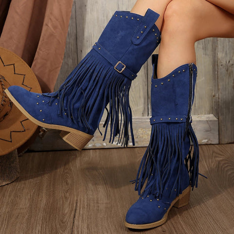 2024 Winter Women Fringes Thick Heel High Boots Suede Pointed Toe Outdoor Fashion Platform Shoes Willow Nails Pumps Women Shoes - American Thistle2024 Winter Women Fringes Thick Heel High Boots Suede Pointed Toe Outdoor Fashion Platform Shoes Willow Nails Pumps Women Shoes