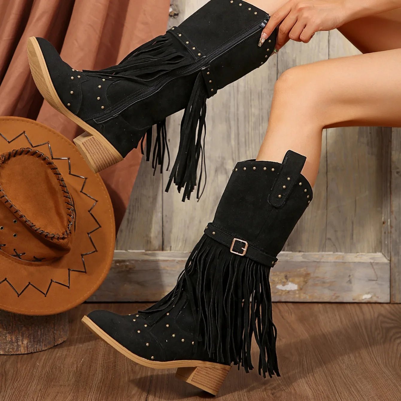 2024 Winter Women Fringes Thick Heel High Boots Suede Pointed Toe Outdoor Fashion Platform Shoes Willow Nails Pumps Women Shoes - American Thistle2024 Winter Women Fringes Thick Heel High Boots Suede Pointed Toe Outdoor Fashion Platform Shoes Willow Nails Pumps Women Shoes