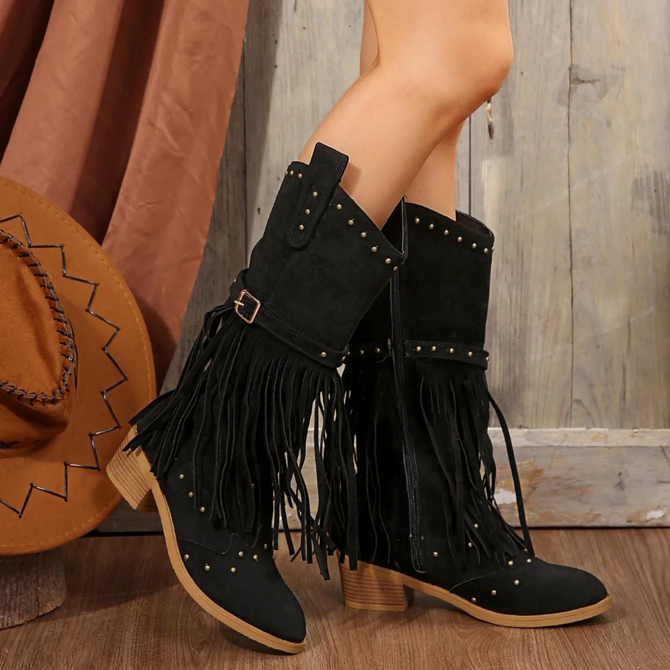 2024 Winter Women Fringes Thick Heel High Boots Suede Pointed Toe Outdoor Fashion Platform Shoes Willow Nails Pumps Women Shoes - American Thistle2024 Winter Women Fringes Thick Heel High Boots Suede Pointed Toe Outdoor Fashion Platform Shoes Willow Nails Pumps Women Shoes