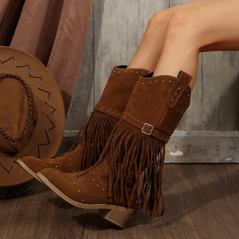 2024 Winter Women Fringes Thick Heel High Boots Suede Pointed Toe Outdoor Fashion Platform Shoes Willow Nails Pumps Women Shoes - American Thistle2024 Winter Women Fringes Thick Heel High Boots Suede Pointed Toe Outdoor Fashion Platform Shoes Willow Nails Pumps Women Shoes