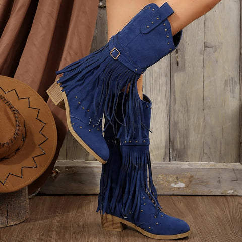 2024 Winter Women Fringes Thick Heel High Boots Suede Pointed Toe Outdoor Fashion Platform Shoes Willow Nails Pumps Women Shoes - American Thistle2024 Winter Women Fringes Thick Heel High Boots Suede Pointed Toe Outdoor Fashion Platform Shoes Willow Nails Pumps Women Shoes