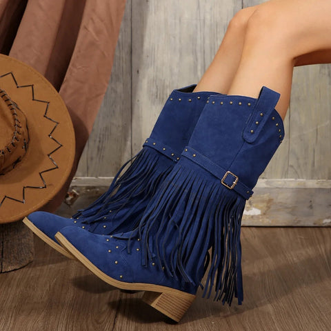 2024 Winter Women Fringes Thick Heel High Boots Suede Pointed Toe Outdoor Fashion Platform Shoes Willow Nails Pumps Women Shoes - American Thistle2024 Winter Women Fringes Thick Heel High Boots Suede Pointed Toe Outdoor Fashion Platform Shoes Willow Nails Pumps Women Shoes