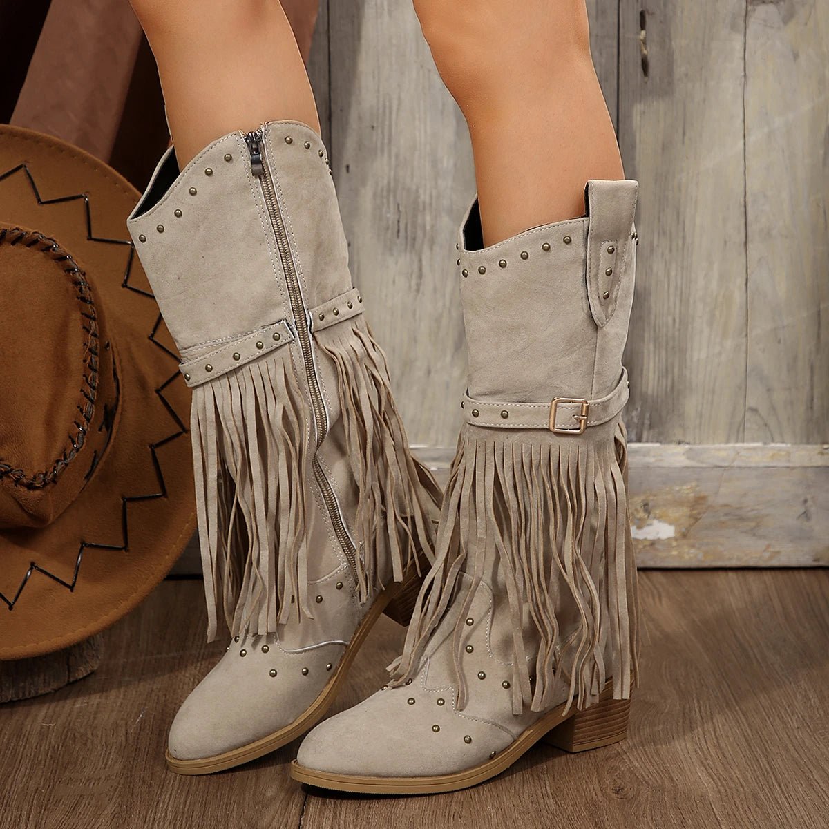 2024 Winter Women Fringes Thick Heel High Boots Suede Pointed Toe Outdoor Fashion Platform Shoes Willow Nails Pumps Women Shoes - American Thistle2024 Winter Women Fringes Thick Heel High Boots Suede Pointed Toe Outdoor Fashion Platform Shoes Willow Nails Pumps Women Shoes