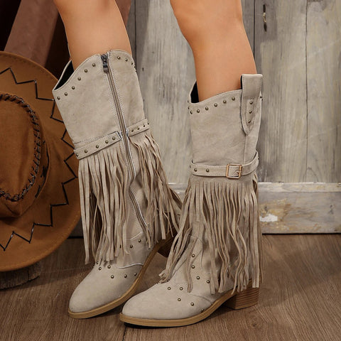 2024 Winter Women Fringes Thick Heel High Boots Suede Pointed Toe Outdoor Fashion Platform Shoes Willow Nails Pumps Women Shoes - American Thistle2024 Winter Women Fringes Thick Heel High Boots Suede Pointed Toe Outdoor Fashion Platform Shoes Willow Nails Pumps Women Shoes