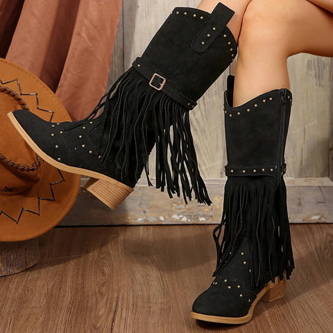 2024 Winter Women Fringes Thick Heel High Boots Suede Pointed Toe Outdoor Fashion Platform Shoes Willow Nails Pumps Women Shoes - American Thistle2024 Winter Women Fringes Thick Heel High Boots Suede Pointed Toe Outdoor Fashion Platform Shoes Willow Nails Pumps Women Shoes