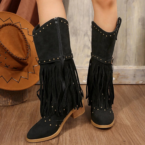 2024 Winter Women Fringes Thick Heel High Boots Suede Pointed Toe Outdoor Fashion Platform Shoes Willow Nails Pumps Women Shoes - American Thistle2024 Winter Women Fringes Thick Heel High Boots Suede Pointed Toe Outdoor Fashion Platform Shoes Willow Nails Pumps Women Shoes