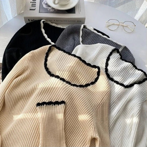 2025 Women Long Sleeve Slim Soft Tops Autumn Winter Square Neck Knitted Sweater - American Thistle 2025 Women Long Sleeve Slim Soft Tops Autumn Winter Square Neck Knitted Sweater