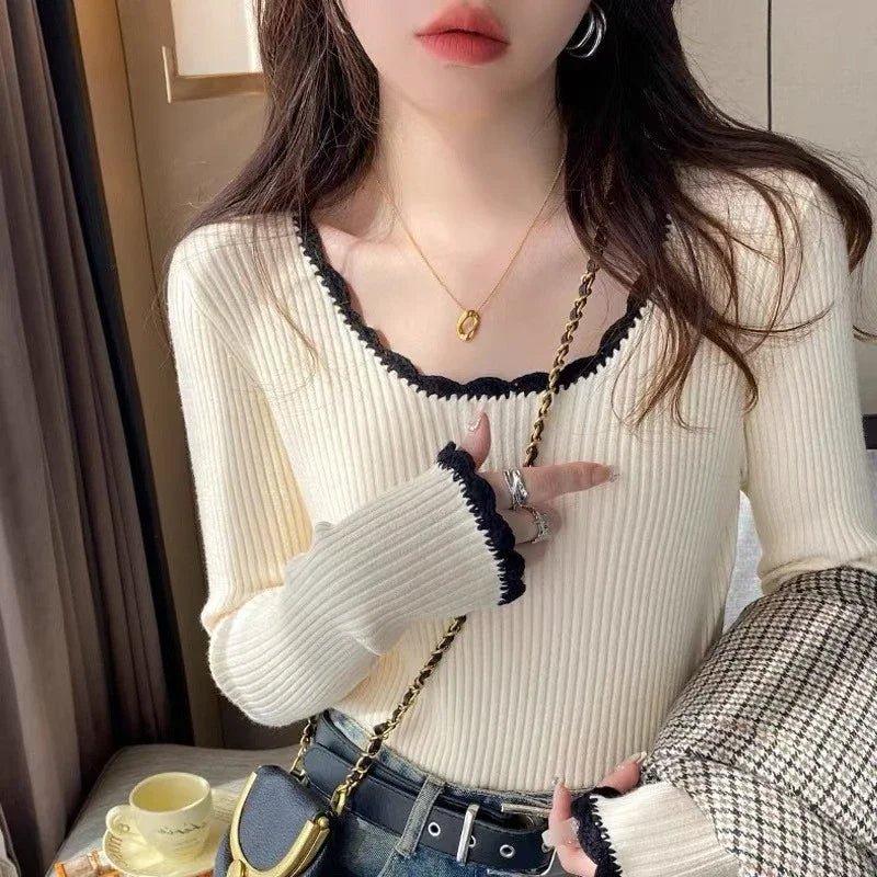 2025 Women Long Sleeve Slim Soft Tops Autumn Winter Square Neck Knitted Sweater - American Thistle 2025 Women Long Sleeve Slim Soft Tops Autumn Winter Square Neck Knitted Sweater