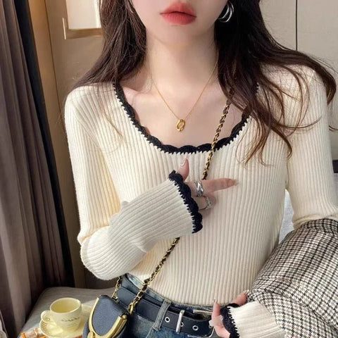 2025 Women Long Sleeve Slim Soft Tops Autumn Winter Square Neck Knitted Sweater - American Thistle 2025 Women Long Sleeve Slim Soft Tops Autumn Winter Square Neck Knitted Sweater