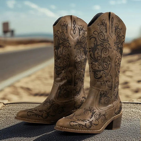 2025 Women's Fashion Solid Color Pedal Wedge Heel Embroidery High Boot Trend High Boots Women Knee High Pointed Toe Boots 326 - American Thistle2025 Women's Fashion Solid Color Pedal Wedge Heel Embroidery High Boot Trend High Boots Women Knee High Pointed Toe Boots 326