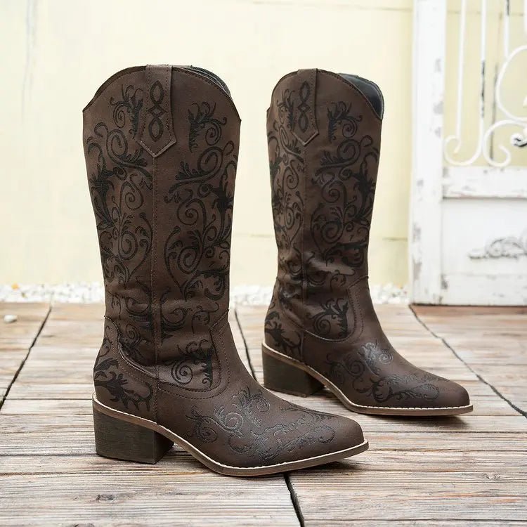 2025 Women's Fashion Solid Color Pedal Wedge Heel Embroidery High Boot Trend High Boots Women Knee High Pointed Toe Boots 326 - American Thistle2025 Women's Fashion Solid Color Pedal Wedge Heel Embroidery High Boot Trend High Boots Women Knee High Pointed Toe Boots 326