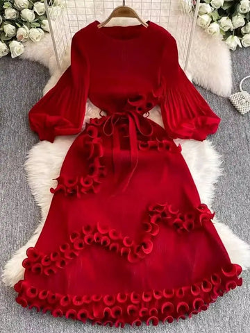 3D Ruffles Splice Pleated Dresses Women's Solid Color with Belt - American Thistle 3D Ruffles Splice Pleated Dresses Women's Solid Color with Belt