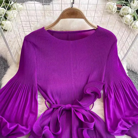 3D Ruffles Splice Pleated Dresses Women's Solid Color with Belt - American Thistle 3D Ruffles Splice Pleated Dresses Women's Solid Color with Belt