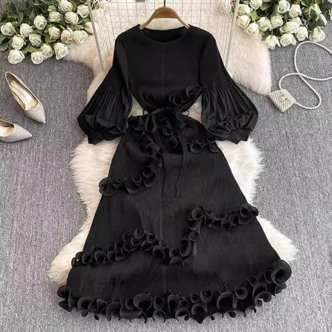 3D Ruffles Splice Pleated Dresses Women's Solid Color with Belt - American Thistle 3D Ruffles Splice Pleated Dresses Women's Solid Color with Belt