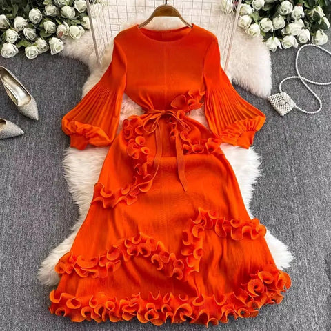 3D Ruffles Splice Pleated Dresses Women's Solid Color with Belt - American Thistle 3D Ruffles Splice Pleated Dresses Women's Solid Color with Belt