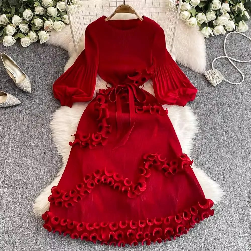 3D Ruffles Splice Pleated Dresses Women's Solid Color with Belt - American Thistle 3D Ruffles Splice Pleated Dresses Women's Solid Color with Belt