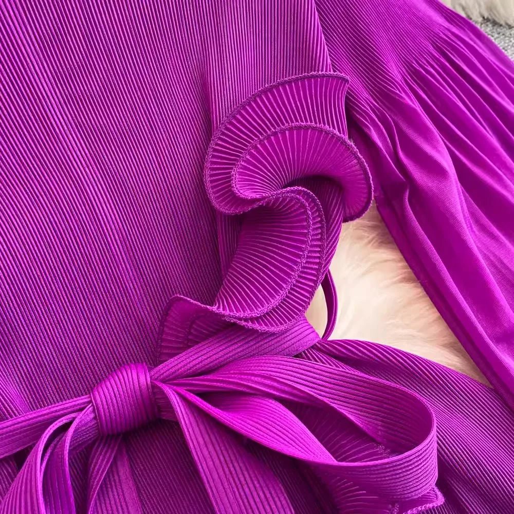 3D Ruffles Splice Pleated Dresses Women's Solid Color with Belt - American Thistle 3D Ruffles Splice Pleated Dresses Women's Solid Color with Belt