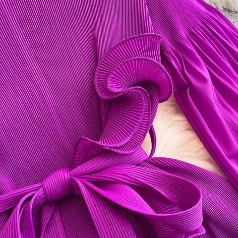 3D Ruffles Splice Pleated Dresses Women's Solid Color with Belt - American Thistle 3D Ruffles Splice Pleated Dresses Women's Solid Color with Belt