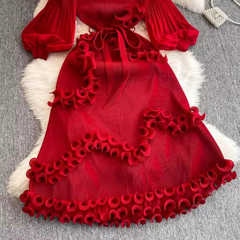 3D Ruffles Splice Pleated Dresses Women's Solid Color with Belt - American Thistle 3D Ruffles Splice Pleated Dresses Women's Solid Color with Belt