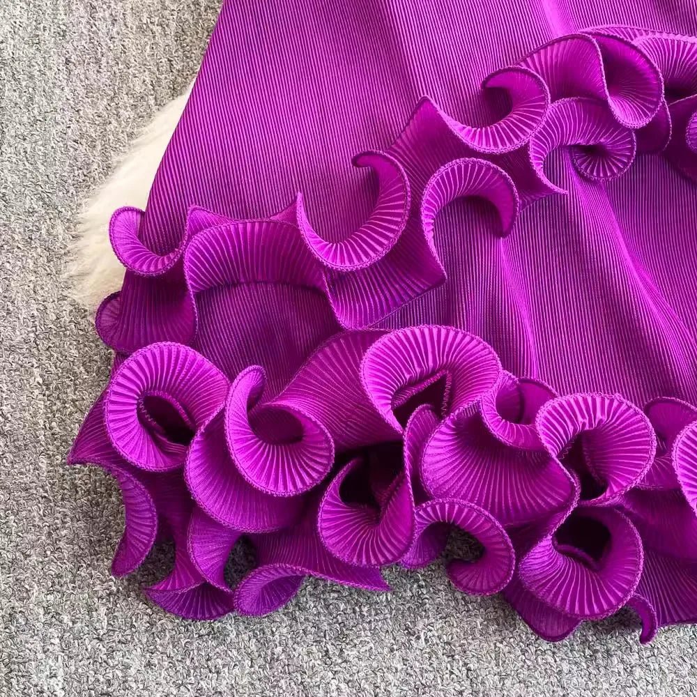 3D Ruffles Splice Pleated Dresses Women's Solid Color with Belt - American Thistle 3D Ruffles Splice Pleated Dresses Women's Solid Color with Belt