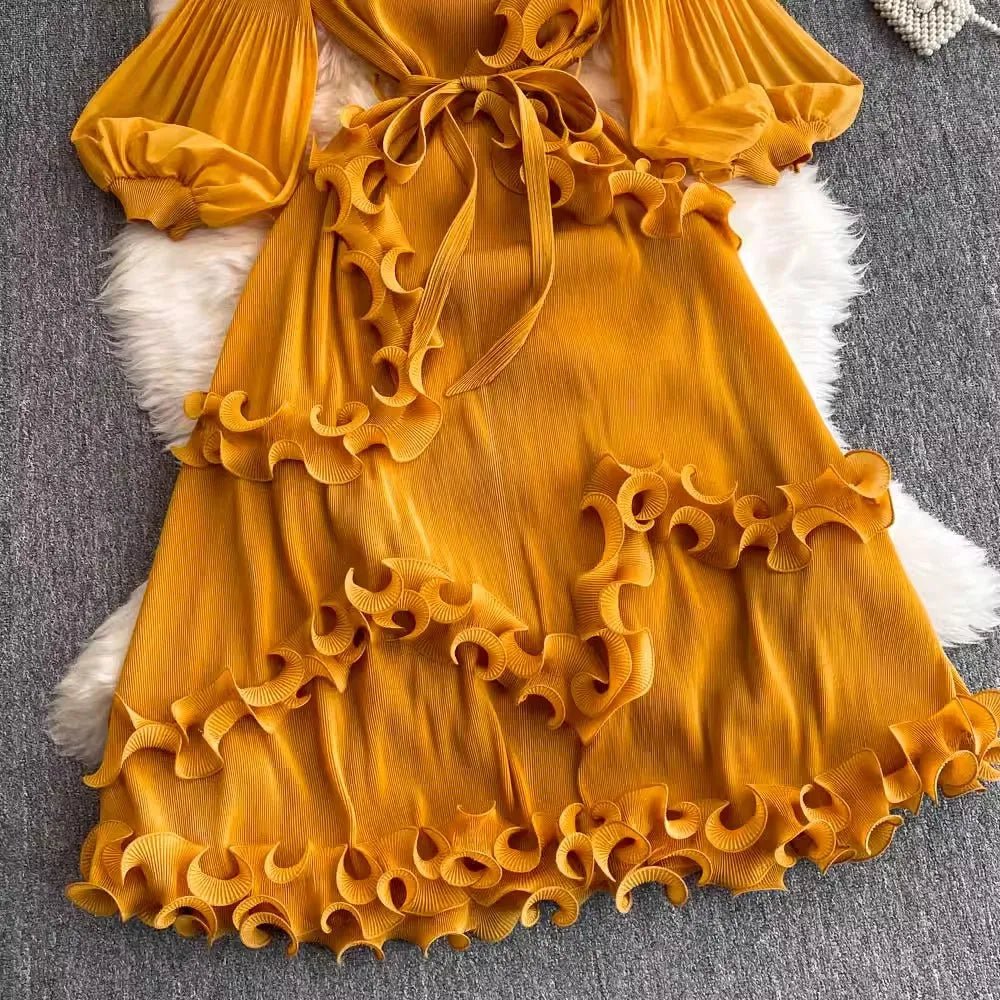 3D Ruffles Splice Pleated Dresses Women's Solid Color with Belt - American Thistle 3D Ruffles Splice Pleated Dresses Women's Solid Color with Belt