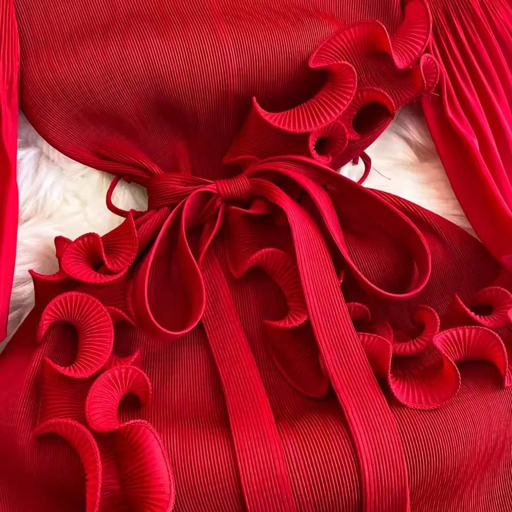 3D Ruffles Splice Pleated Dresses Women's Solid Color with Belt - American Thistle 3D Ruffles Splice Pleated Dresses Women's Solid Color with Belt