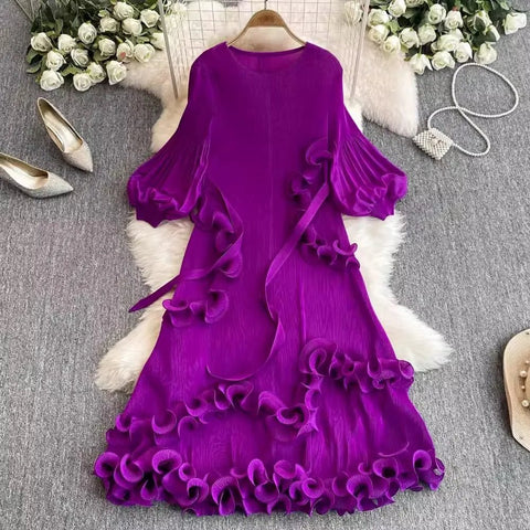 3D Ruffles Splice Pleated Dresses Women's Solid Color with Belt - American Thistle 3D Ruffles Splice Pleated Dresses Women's Solid Color with Belt