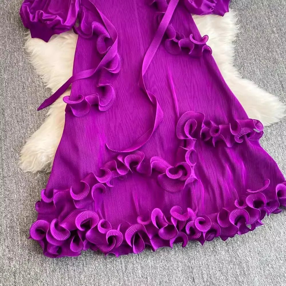 3D Ruffles Splice Pleated Dresses Women's Solid Color with Belt - American Thistle 3D Ruffles Splice Pleated Dresses Women's Solid Color with Belt