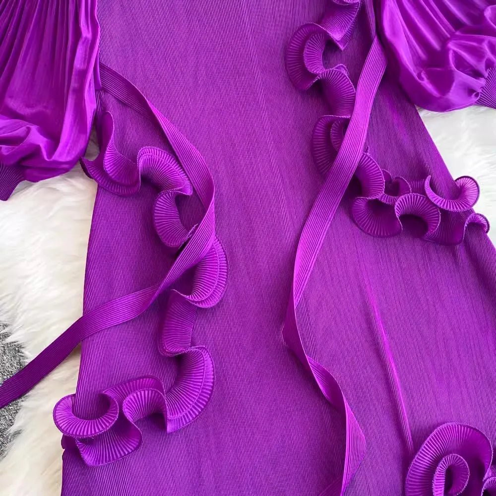 3D Ruffles Splice Pleated Dresses Women's Solid Color with Belt - American Thistle 3D Ruffles Splice Pleated Dresses Women's Solid Color with Belt