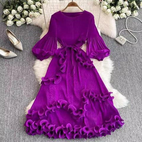 3D Ruffles Splice Pleated Dresses Women's Solid Color with Belt - American Thistle 3D Ruffles Splice Pleated Dresses Women's Solid Color with Belt