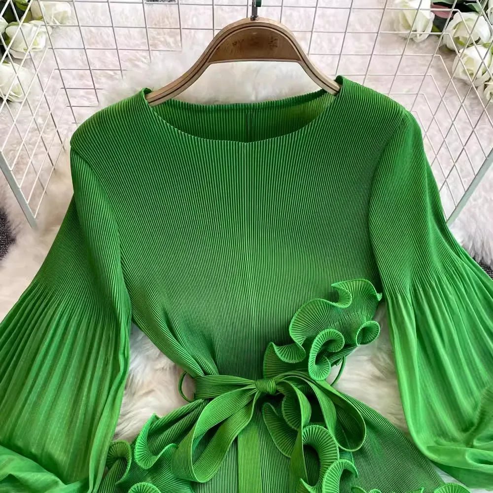 3D Ruffles Splice Pleated Dresses Women's Solid Color with Belt - American Thistle 3D Ruffles Splice Pleated Dresses Women's Solid Color with Belt