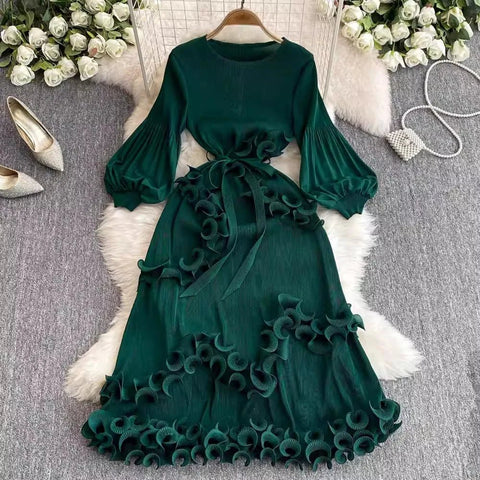 3D Ruffles Splice Pleated Dresses Women's Solid Color with Belt - American Thistle 3D Ruffles Splice Pleated Dresses Women's Solid Color with Belt