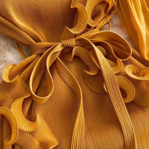 3D Ruffles Splice Pleated Dresses Women's Solid Color with Belt - American Thistle 3D Ruffles Splice Pleated Dresses Women's Solid Color with Belt