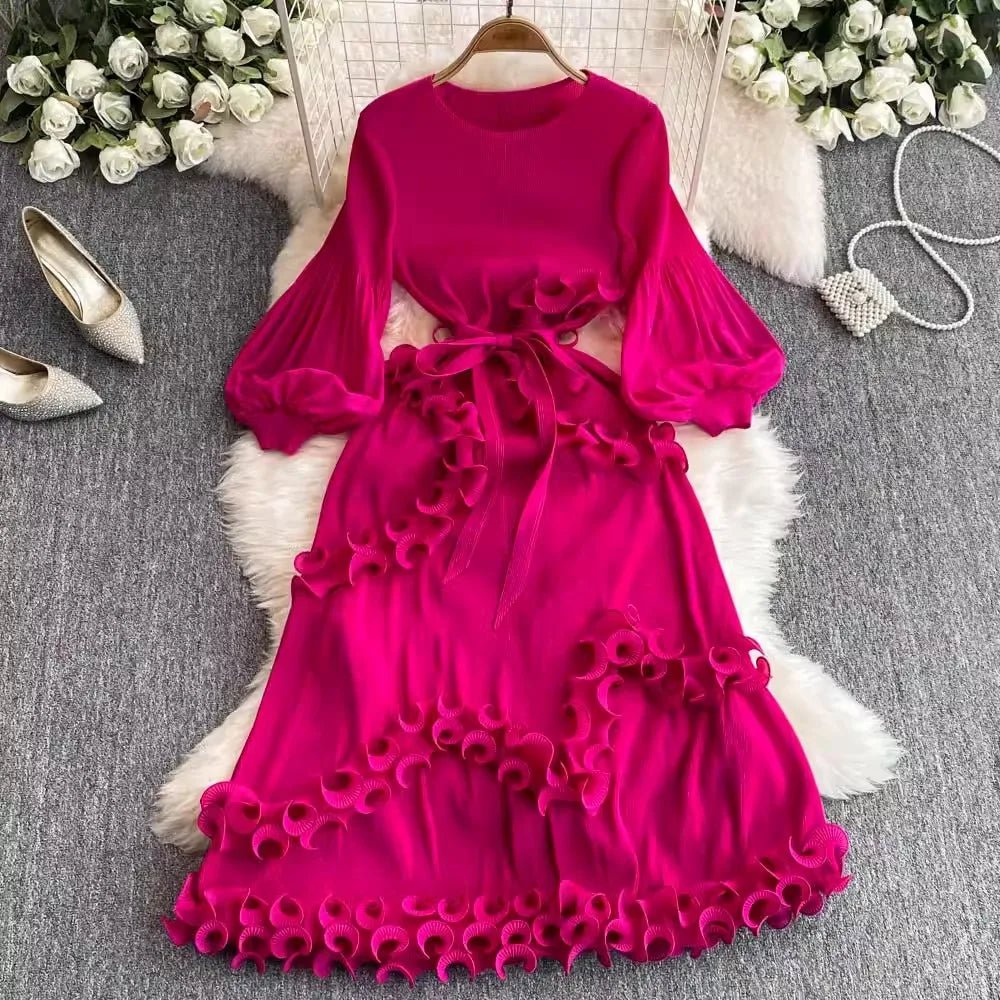 3D Ruffles Splice Pleated Dresses Women's Solid Color with Belt - American Thistle 3D Ruffles Splice Pleated Dresses Women's Solid Color with Belt