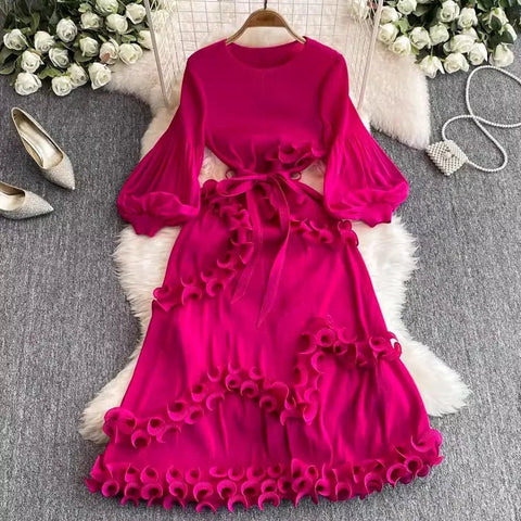 3D Ruffles Splice Pleated Dresses Women's Solid Color with Belt - American Thistle 3D Ruffles Splice Pleated Dresses Women's Solid Color with Belt