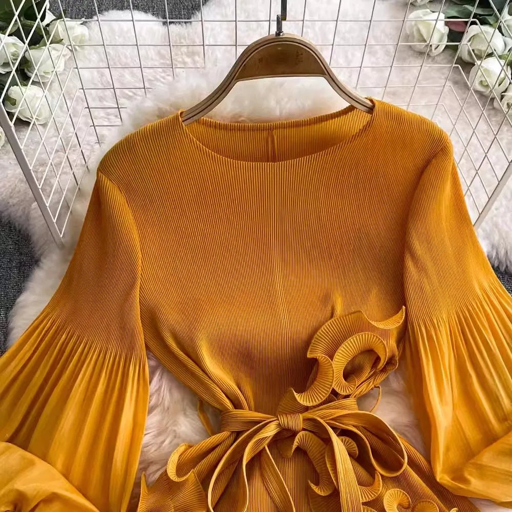 3D Ruffles Splice Pleated Dresses Women's Solid Color with Belt - American Thistle 3D Ruffles Splice Pleated Dresses Women's Solid Color with Belt