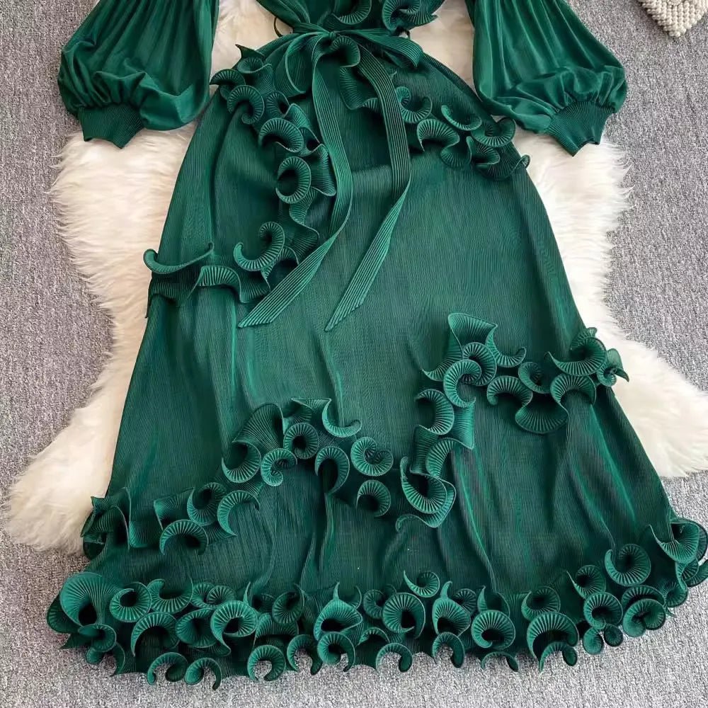 3D Ruffles Splice Pleated Dresses Women's Solid Color with Belt - American Thistle 3D Ruffles Splice Pleated Dresses Women's Solid Color with Belt