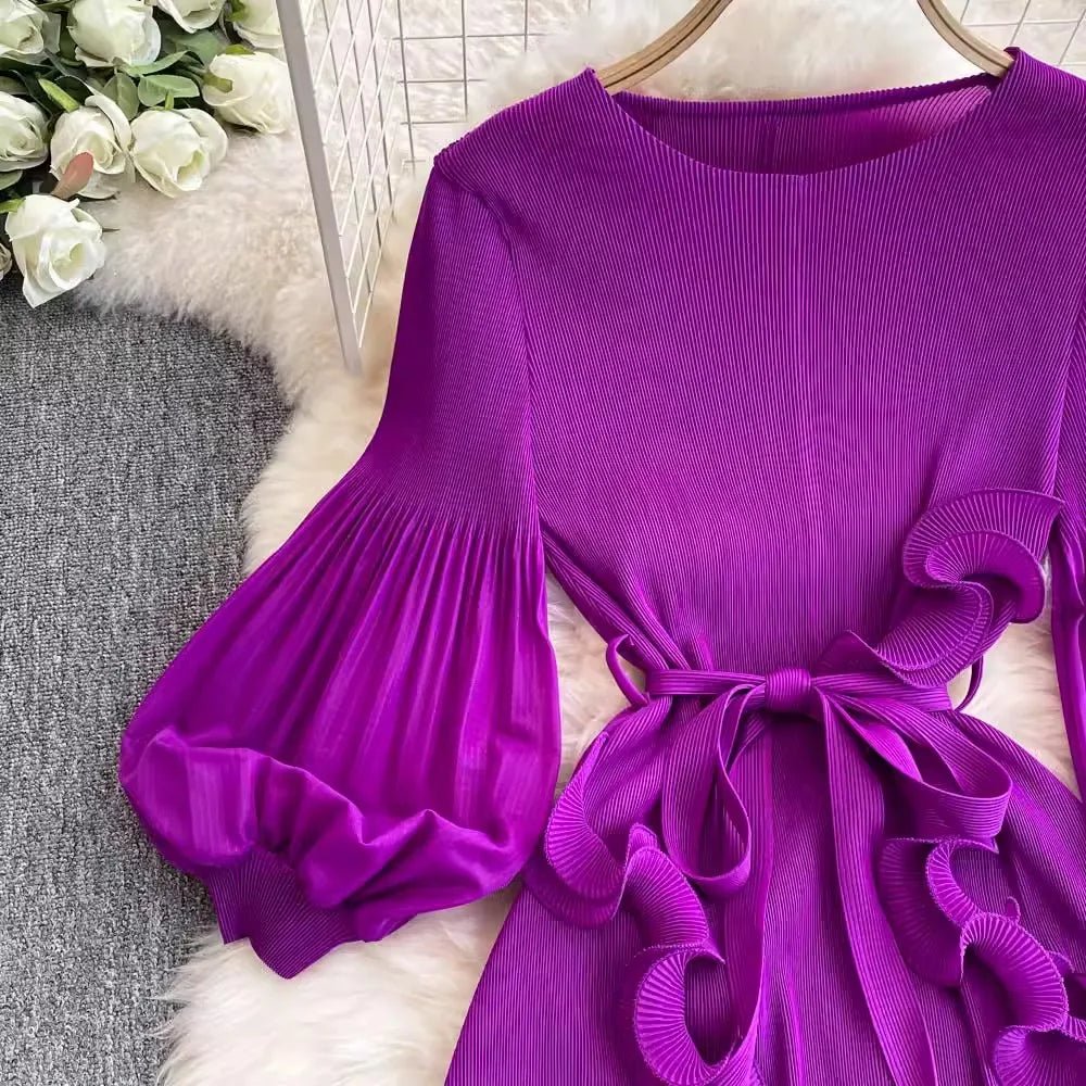 3D Ruffles Splice Pleated Dresses Women's Solid Color with Belt - American Thistle 3D Ruffles Splice Pleated Dresses Women's Solid Color with Belt