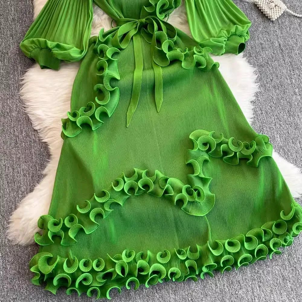 3D Ruffles Splice Pleated Dresses Women's Solid Color with Belt - American Thistle 3D Ruffles Splice Pleated Dresses Women's Solid Color with Belt