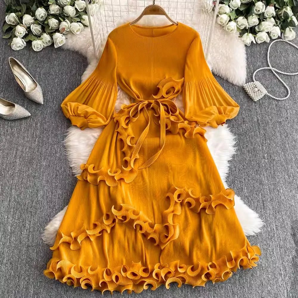 3D Ruffles Splice Pleated Dresses Women's Solid Color with Belt - American Thistle 3D Ruffles Splice Pleated Dresses Women's Solid Color with Belt