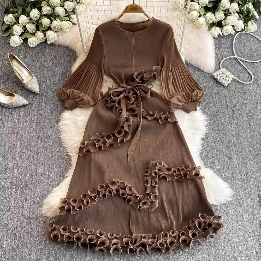 3D Ruffles Splice Pleated Dresses Women's Solid Color with Belt - American Thistle 3D Ruffles Splice Pleated Dresses Women's Solid Color with Belt