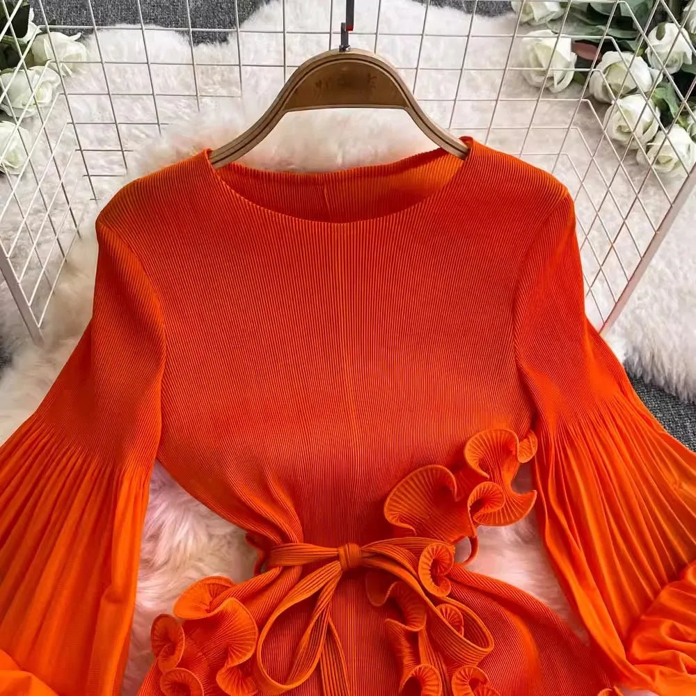 3D Ruffles Splice Pleated Dresses Women's Solid Color with Belt - American Thistle 3D Ruffles Splice Pleated Dresses Women's Solid Color with Belt