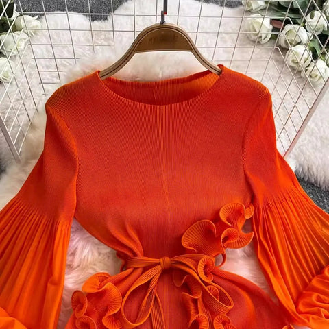 3D Ruffles Splice Pleated Dresses Women's Solid Color with Belt - American Thistle 3D Ruffles Splice Pleated Dresses Women's Solid Color with Belt