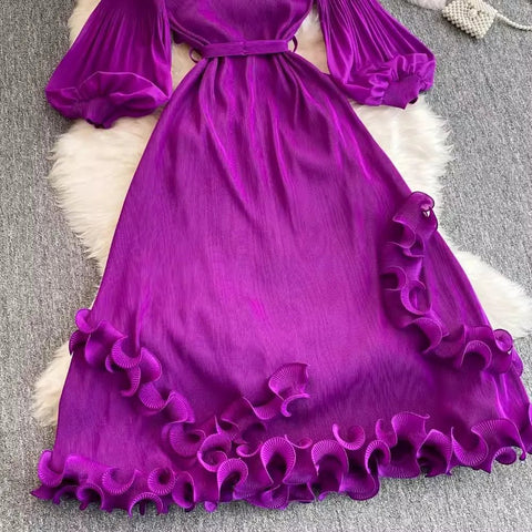 3D Ruffles Splice Pleated Dresses Women's Solid Color with Belt - American Thistle 3D Ruffles Splice Pleated Dresses Women's Solid Color with Belt