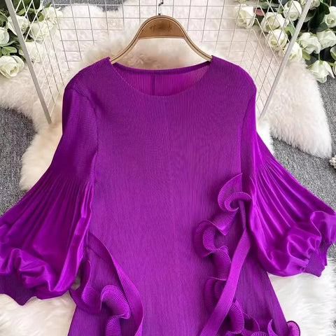 3D Ruffles Splice Pleated Dresses Women's Solid Color with Belt - American Thistle 3D Ruffles Splice Pleated Dresses Women's Solid Color with Belt