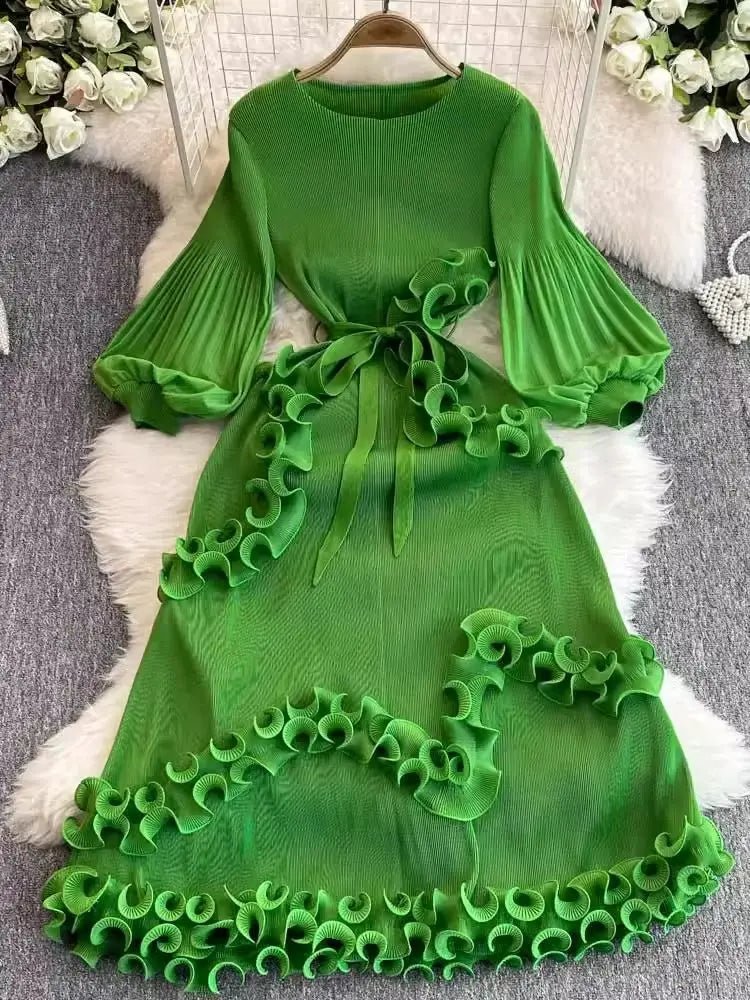 3D Ruffles Splice Pleated Dresses Women's Solid Color with Belt - American Thistle 3D Ruffles Splice Pleated Dresses Women's Solid Color with Belt