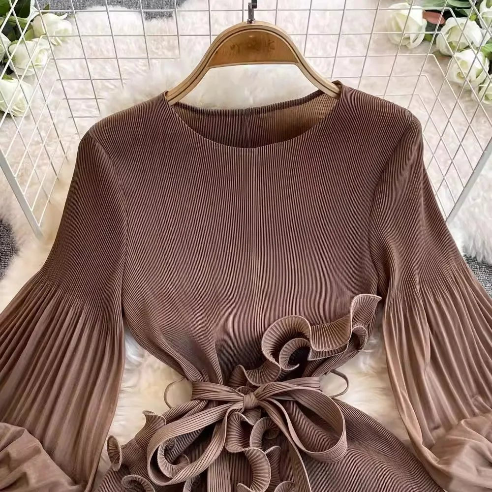 3D Ruffles Splice Pleated Dresses Women's Solid Color with Belt - American Thistle 3D Ruffles Splice Pleated Dresses Women's Solid Color with Belt