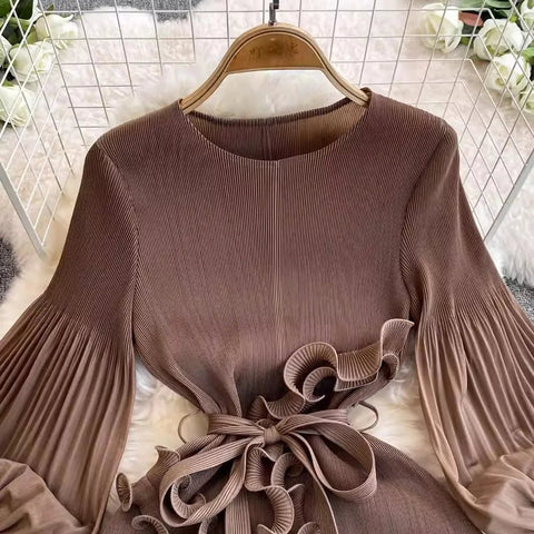 3D Ruffles Splice Pleated Dresses Women's Solid Color with Belt - American Thistle 3D Ruffles Splice Pleated Dresses Women's Solid Color with Belt