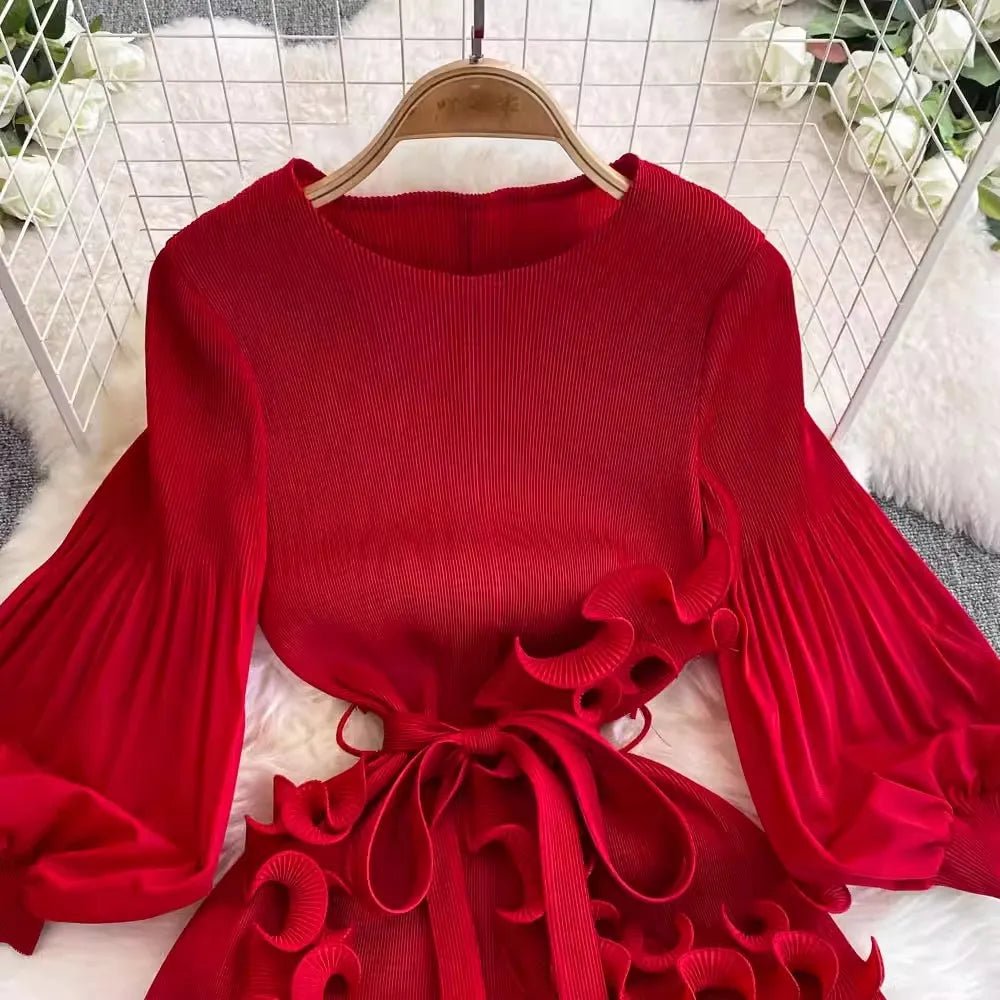 3D Ruffles Splice Pleated Dresses Women's Solid Color with Belt - American Thistle 3D Ruffles Splice Pleated Dresses Women's Solid Color with Belt