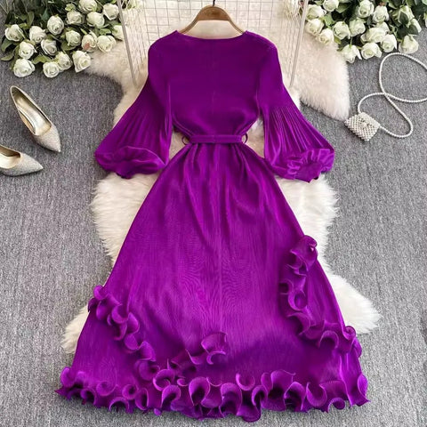 3D Ruffles Splice Pleated Dresses Women's Solid Color with Belt - American Thistle 3D Ruffles Splice Pleated Dresses Women's Solid Color with Belt